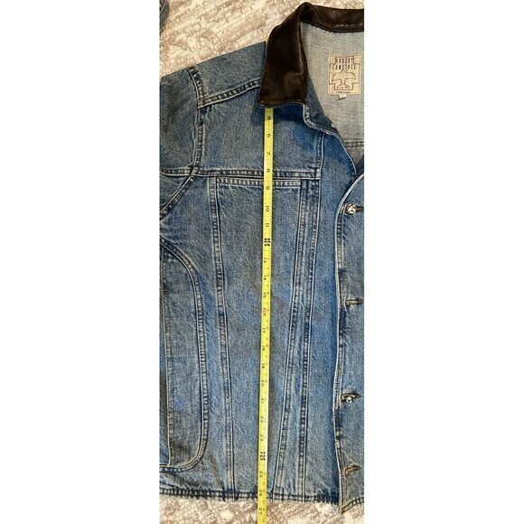 Robert Comstock Denim Jacket Mens Large Blue Leather Collar Made in Italy - Picture 8 of 15